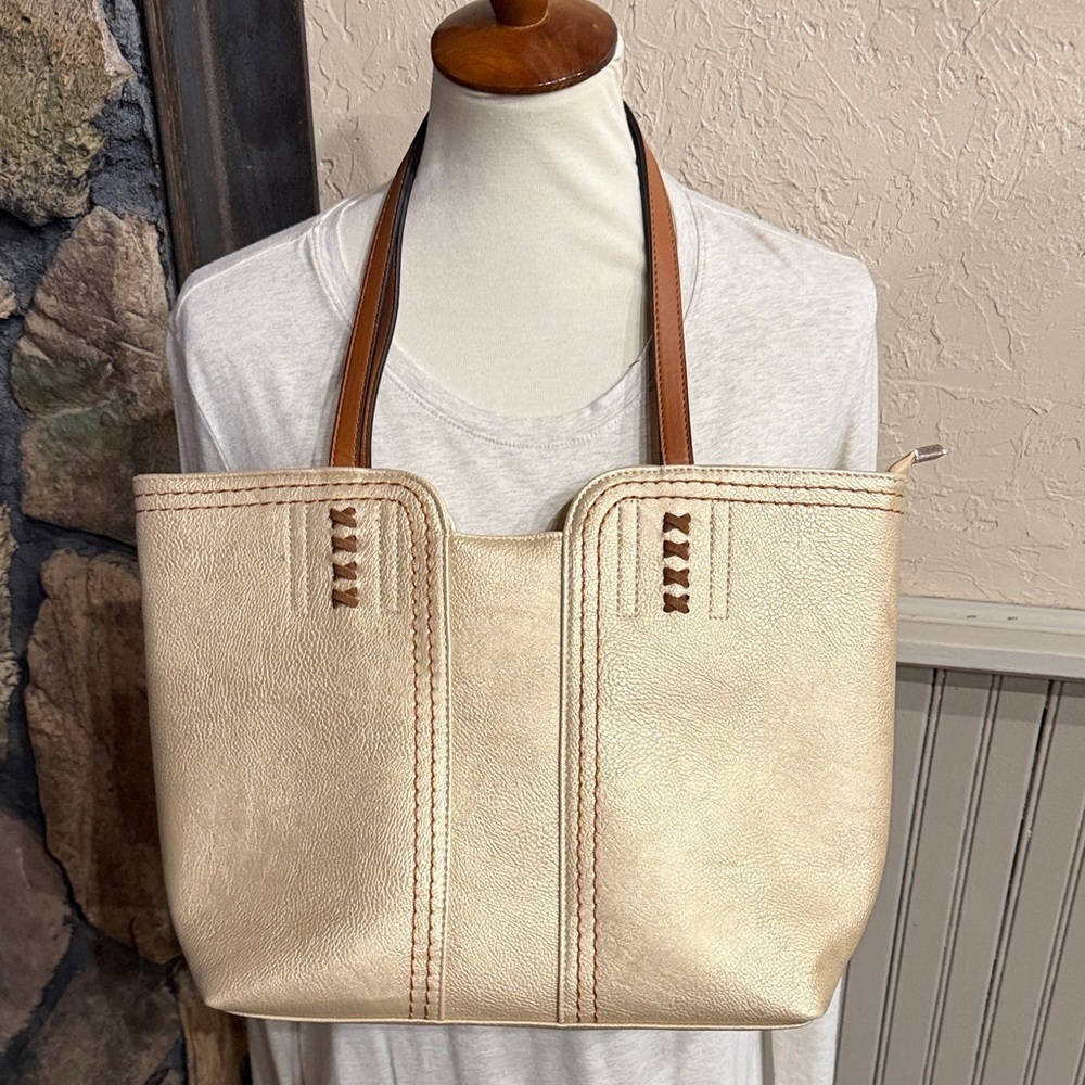 Structured Cream/Gold Tote with Brown Handles